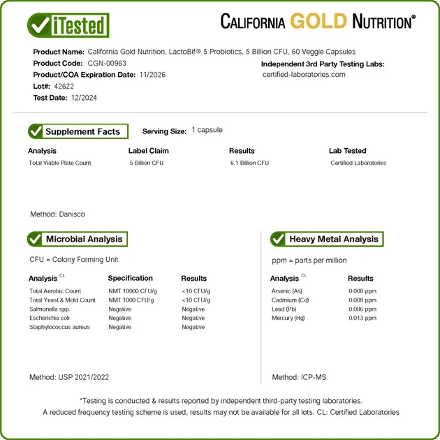 California Gold Nutrition, LactoBif® 5, пробіотики, 5 млрд КУО, 60 вегетаріанських капсул (CGN-00963) - изображение 4