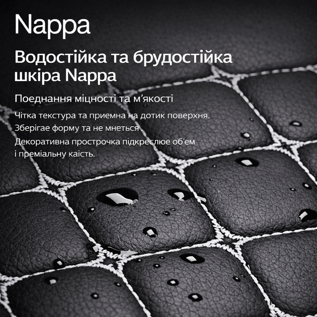 Комплект накидок на сидіння авто передні та заднє з екошкіри Nappa з антиковзкою основою та кишенею чорні з білою обшивкою 3 шт. - зображення 10