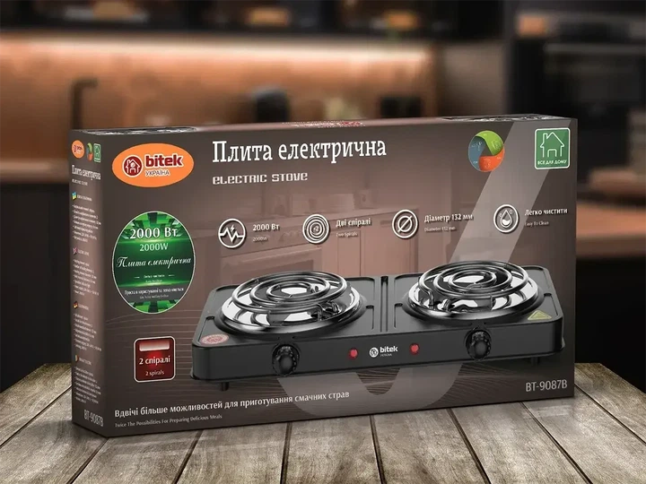 Двухконфорочная электроплита настольная, электроплита 2 конфорки, плита электро двойная 2000Вт 132мм BITEK BT-9087B - изображение 2