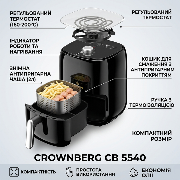 Аерофритюрниця Crownberg CB-5540 2 л, аерогриль без олії, мультипіч для дому, фритюрниця з термостатом, компактна - изображение 3