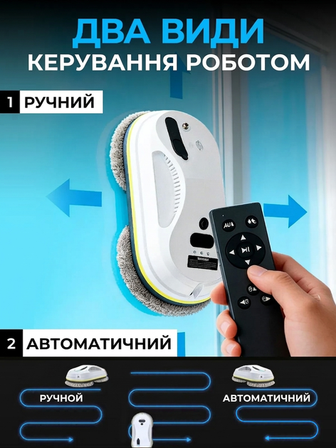 Робот для миття вікон автоматичний з пультом і насадками, мийник скла 80W, для дзеркал і плитки, акумулятор 20 хв, білий - Фото 5 Робот для миття вікон автоматичний з пультом і насадками, мийник скла 80W, для дзеркал і плитки, акумулятор 20 хв, білий - зображення 5
