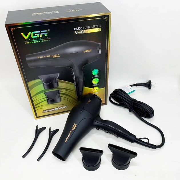 Фен профессиональный VGR V-406 BLACK, 3 уровня обдува, 3 уровня температуры, 2 насадки - изображение 4