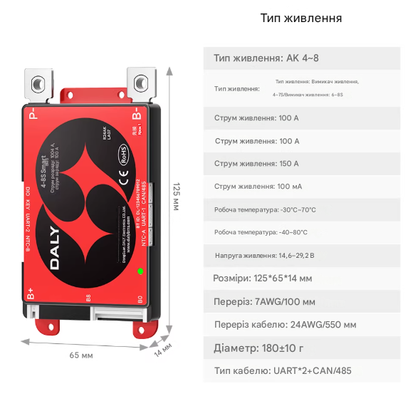 Контролер Smart BMS (плата захисту) DALY 4-8S LiFePo4 / 4-7S li-ion / 6-8S LTO 100A RS485 / CAN / UART / Bluetooth - Фото 3 Контролер Smart BMS (плата захисту) DALY 4-8S LiFePo4 / 4-7S li-ion / 6-8S LTO 100A RS485 / CAN / UART / Bluetooth - изображение 3