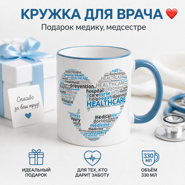 Кружка для врача | Подарок медику, медсестре | Чашка Healthcare 330 мл(голубая ручка) - изображение 6