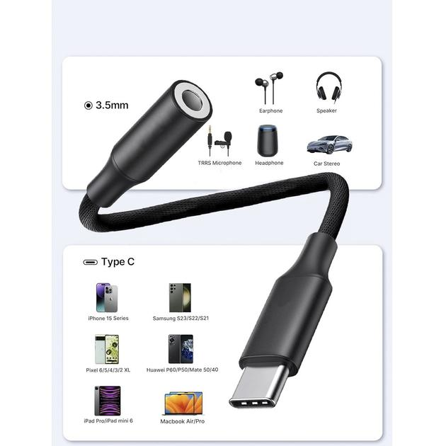 Аудіо-перехідник USB-C на Mini-jack 3.5 мм для смартфонів Black, адаптер AUX 3.5 мм під дротові навушники, аудіокабель для Samsung / Xiaomi / iPhone / Pixel / Huawei / OnePlus - зображення 2