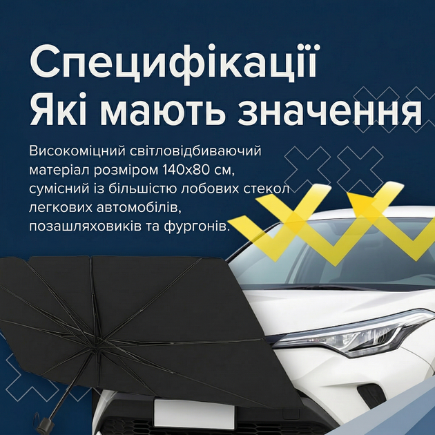 Шторка-зонтик на лобовое стекло автомобиля солнцезащитная шторка в автомобиле 133x75 см с чехлом - изображение 3