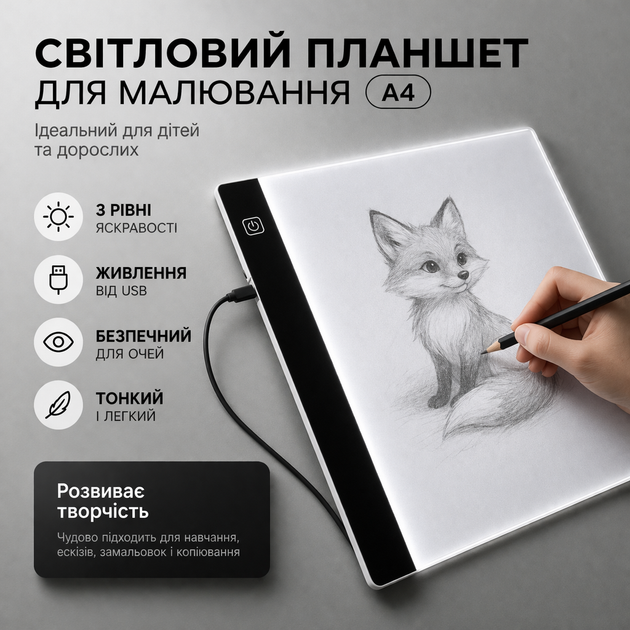 Світловий планшет для малювання A4/A5 LED (3 рівні яскравості) Копіювальна дошка для дітей та дорослих - зображення 8