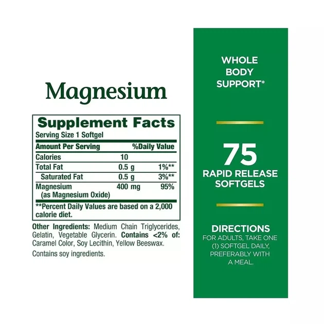 Магний, 400 мг, Magnesium, Nature's Bounty, 75 гелевых капсул - изображение 4