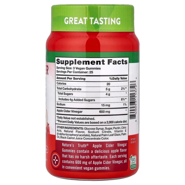 Яблочный уксус, Apple Cider Vinegar, Nature's Truth, вкус яблока, 600 мг, 75 веганских жевательных конфет - изображение 2