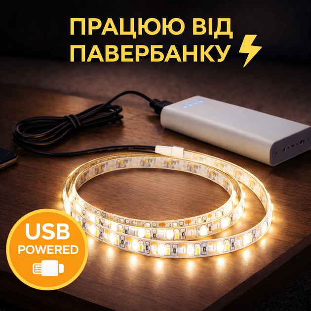 Світлодіодна Led стрічка 3м з живленням від повербанка або USB , колір жовтий теплий, 6000к - зображення 3