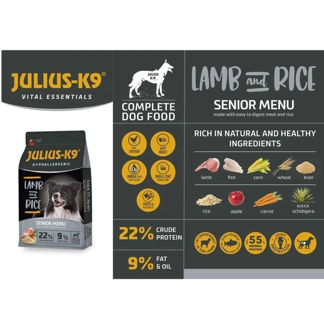 Сухой гипоаллергенный корм для собак Julius-K9 LAMB and RICE Senior Menu с ягненком и рисом 3 кг - Фото 2 Сухой гипоаллергенный корм для собак Julius-K9 LAMB and RICE Senior Menu с ягненком и рисом 3 кг - изображение 2
