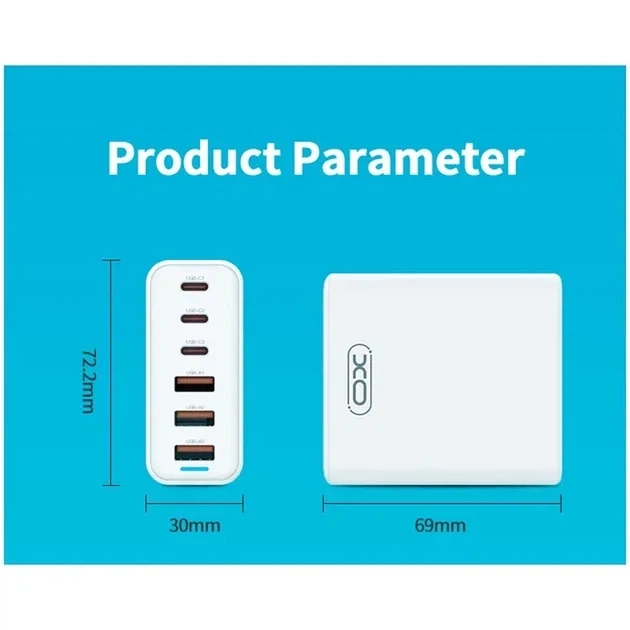 ЗП XO L133 Desktop GaN 3USB-A/3USB-C 75W 1.5m White - Фото 2 ЗП XO L133 Desktop GaN 3USB-A/3USB-C 75W 1.5m White - зображення 2
