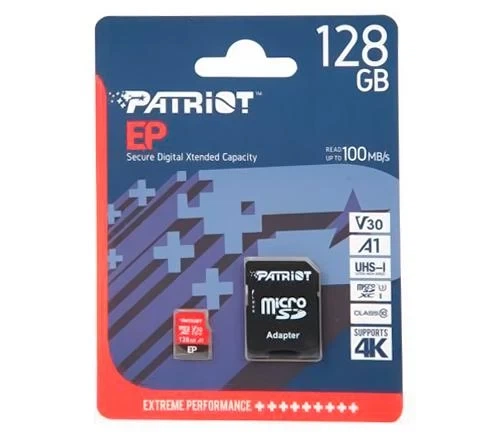 Карта пам'яті microSDXC, 128Gb, Patriot EP, Class10 UHS-I U3 V30 A1, SD адаптер, до 90/80 МБ/с (PEF128GEP31MCX) - Фото 1 Карта пам'яті microSDXC, 128Gb, Patriot EP, Class10 UHS-I U3 V30 A1, SD адаптер, до 90/80 МБ/с (PEF128GEP31MCX) - зображення 1