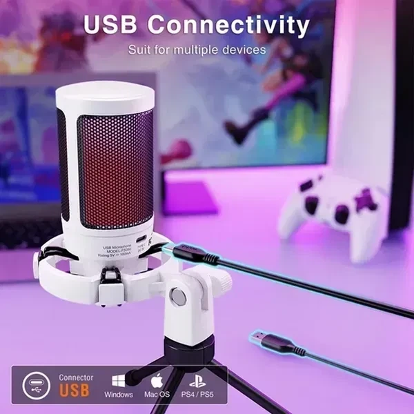 Микрофон Fifine AmpliGame A2W White, Конденсаторный, Кардиоидный, USB подключения, Plug & Play, RGB подсветкой - изображение 3