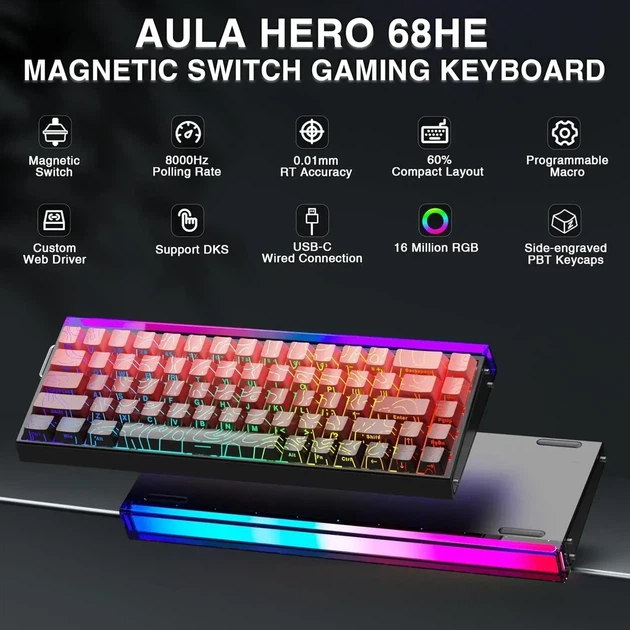 Магнитная клавиатура AULA HERO 68 HE Pink Contours, размер 65%, Hall Effect, Rapid Trigger, 8000 Гц опроса, RGB подсветки - Фото 7 Магнитная клавиатура AULA HERO 68 HE Pink Contours, размер 65%, Hall Effect, Rapid Trigger, 8000 Гц опроса, RGB подсветки - изображение 7
