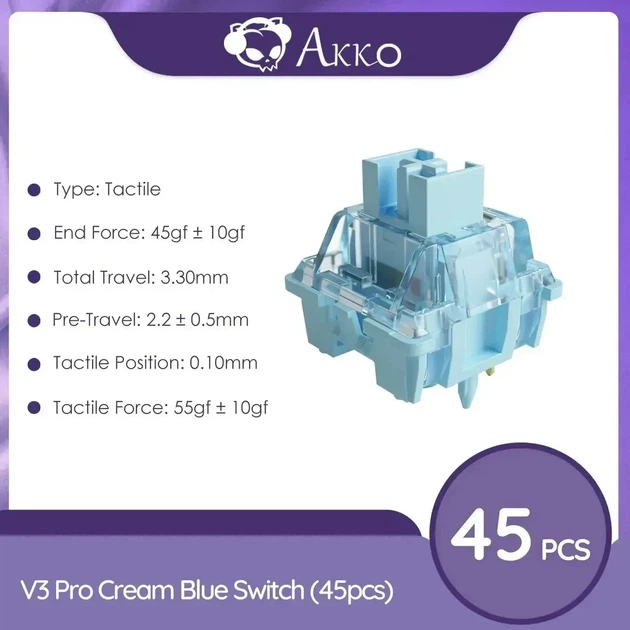 Набор механических переключателей Akko V3 Creamy Blue Pro набор из 45 шт кроемовых тактильных свечей для механических клавиатур - Фото 2 Набор механических переключателей Akko V3 Creamy Blue Pro набор из 45 шт кроемовых тактильных свечей для механических клавиатур - изображение 2