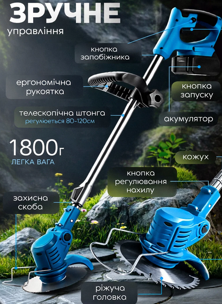 Аккумуляторная газонокосилка-триммер 2 АКБ для покоса травы - изображение 2