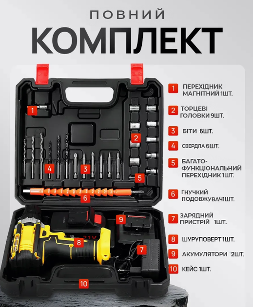 Аккумуляторный шуруповерт 24V с набором инструментов в кейсе 2 аккумулятора 5.0Ah - изображение 5