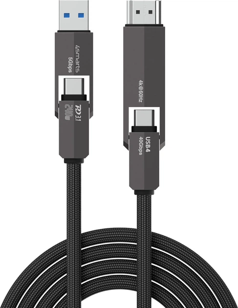 Кабель 4smarts USB4 HDMI Cable ComboCord 240W 1.5 m Black (4252011911769) - Фото 1 Кабель 4smarts USB4 HDMI Cable ComboCord 240W 1.5 m Black (4252011911769) - зображення 1