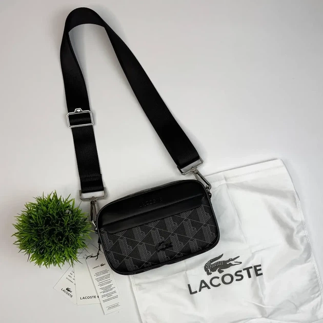 Мужская сумка мессенджер Lacoste Monogram черная через плечо кроссбоди сумка для документов телефона и повседневных вещей компактная сумка для города работы и путешествий - изображение 2