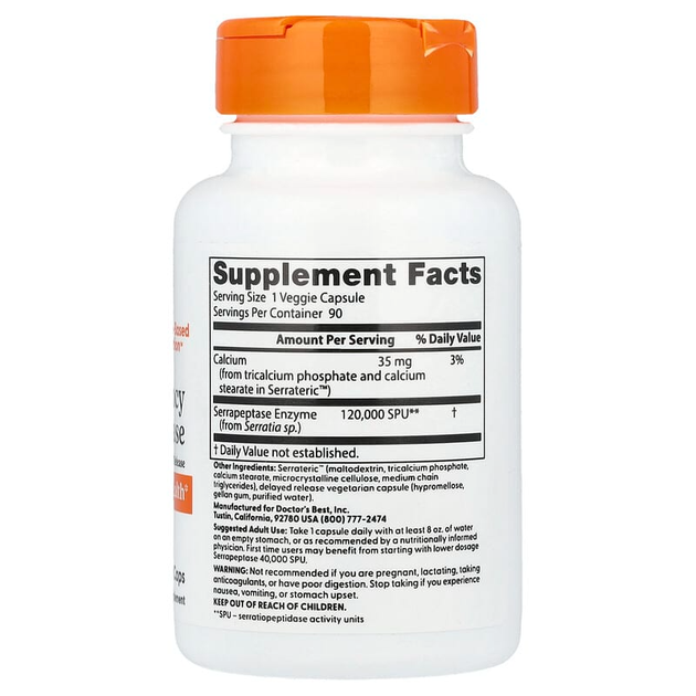 Серрапептаза Doctor's Best "High Potency Serrapeptase" 120000 SPU, усиленная (90 капсул) - изображение 2