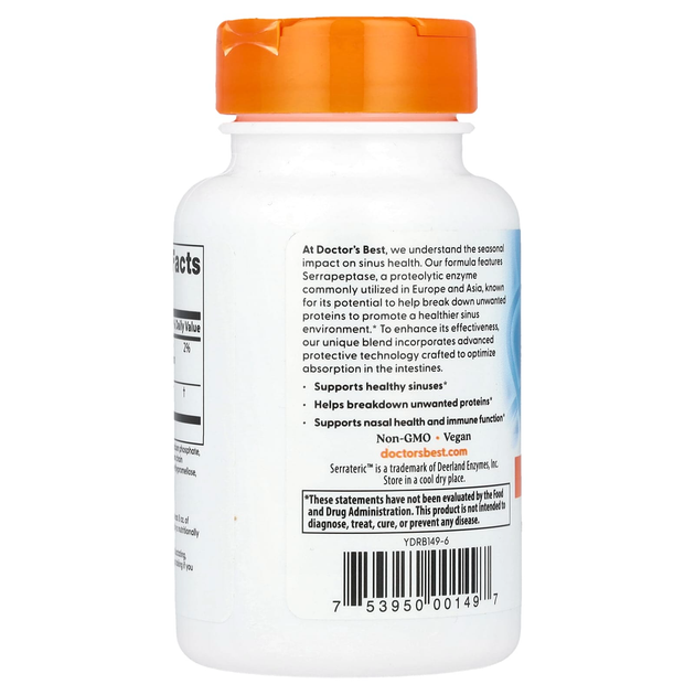Серрапептаза Doctor's Best "Serrapeptase" фермент для здоровья носовых пазух, 40000 SPU (90 растительных капсул с отсроченным высвобождением) - изображение 3