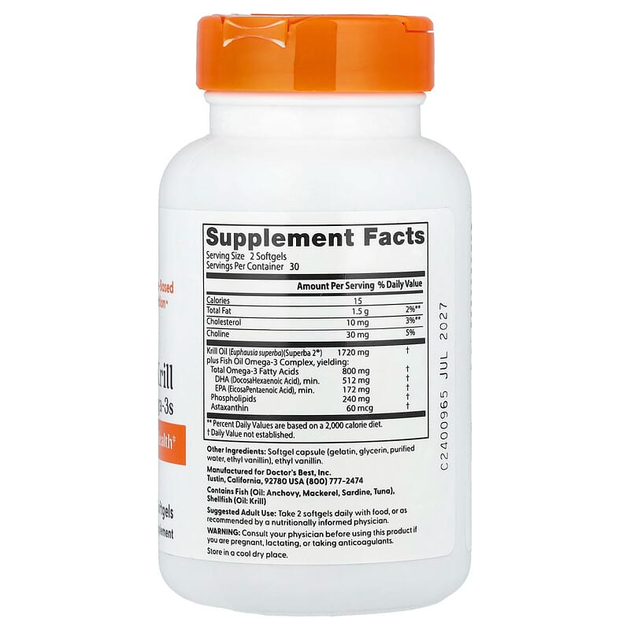 Масло криля Doctor's Best "Enhanced Krill Plus Omega3s with Superba Krill" жирные кислоты омега 3 (60 гелевых капсул) - изображение 2