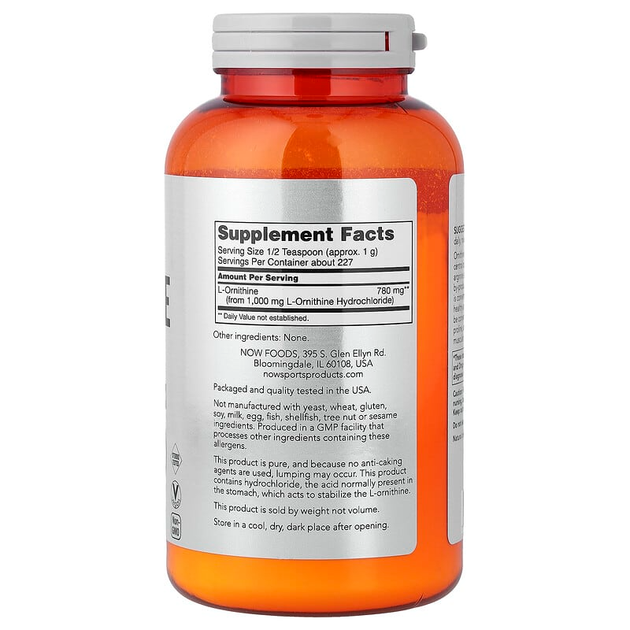 L-Орнітін NOW Foods Sports "L-Ornithine Pure Powder" чистий порошок, 800 мг (227 г) - зображення 2