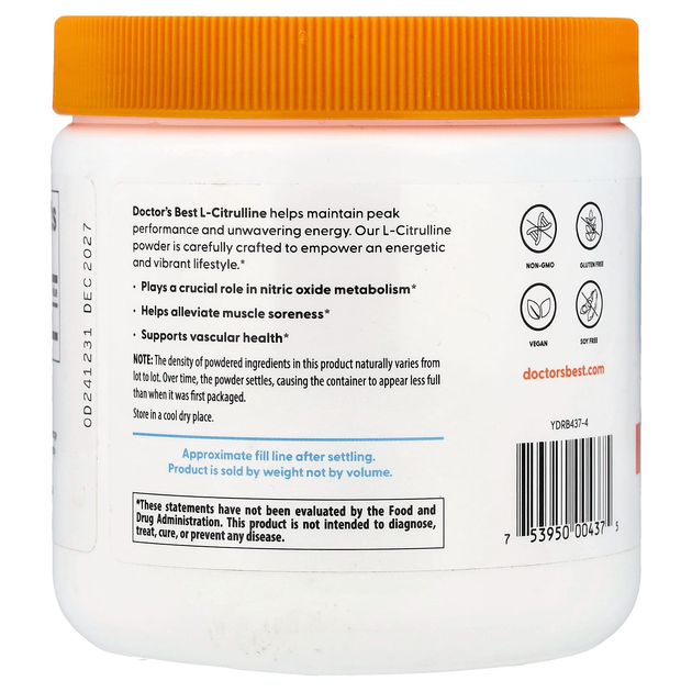 L-цитрулін Doctor's Best "L-Citrulline Powder" амінокислота для здорового кровообігу та енергії, у вигляді чистого порошку, 3000 мг (200 г / 7 унцій) - зображення 3