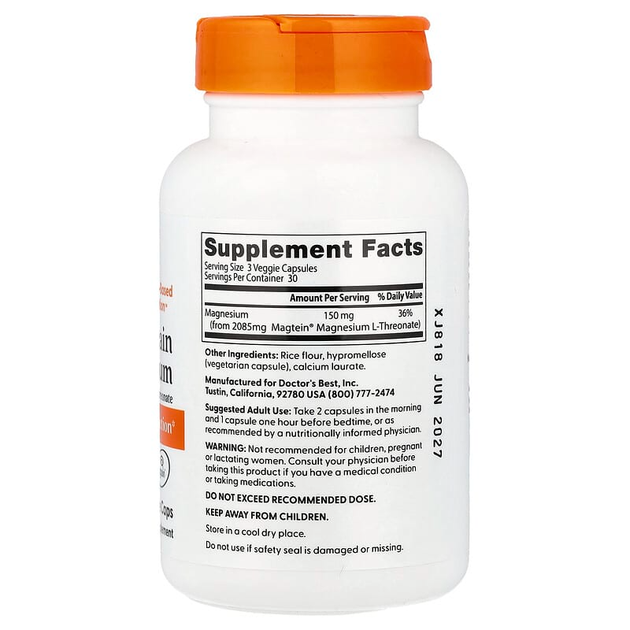 Магний для мозга Doctor's Best "Brain Magnesium with Magtein" когнитивная поддержка, 50 мг (90 вегетарианских капсул) - изображение 2