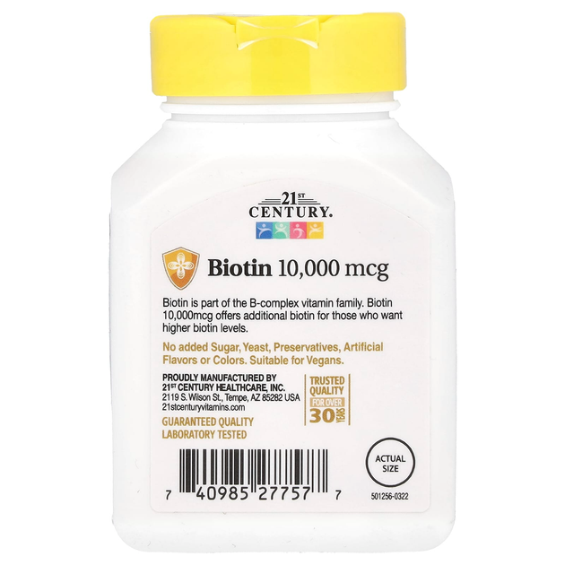 Биотин 21st Century "Biotin" витамин B7, 10000 мкг (120 таблеток) - изображение 2