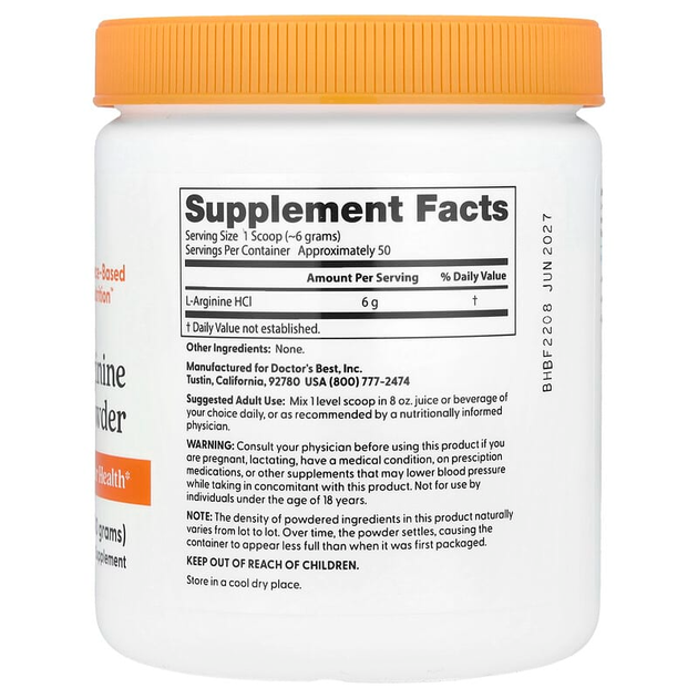 L-Аргинин Doctor's Best "Pure L-Arginine Powder" чистый порошок (300 г) - изображение 2