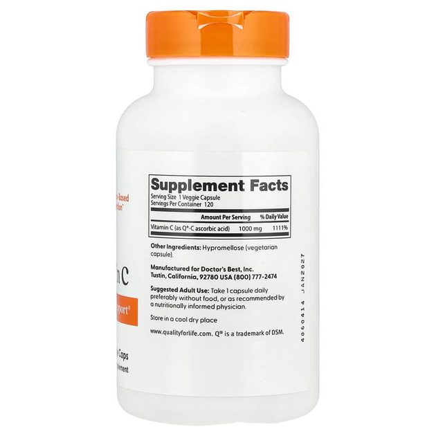 Витамин С Doctor's Best "Vitamin C with Q-C" в форме аскорбиновой кислоты высокого качества, 1000 мг (120 вегетарианских капсул) - изображение 2