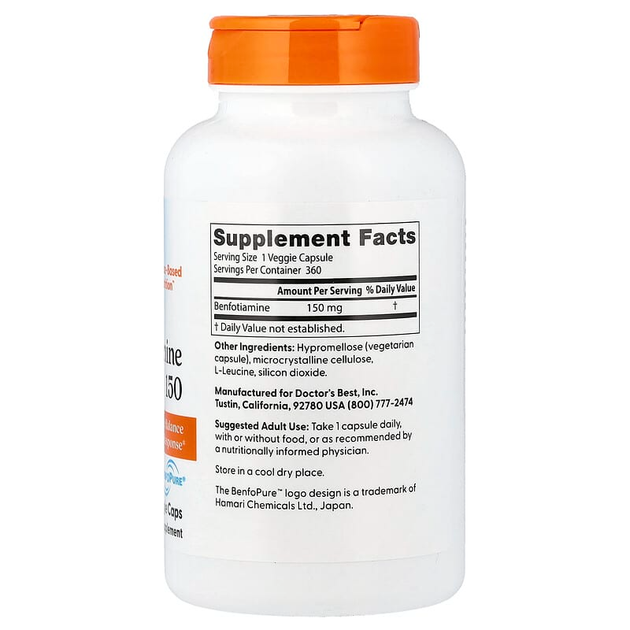 Бенфотиамин Doctor's Best "Benfotiamine" 150 мг, биодоступная форма витамина В1 (360 капсул) - изображение 2