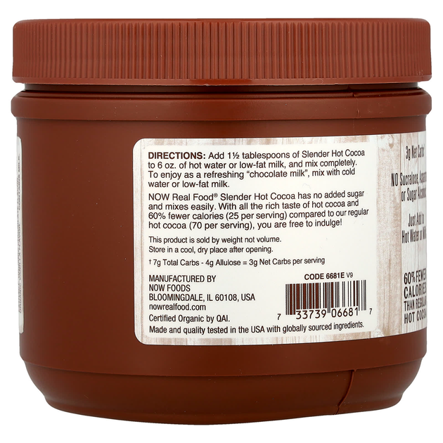 Органическое горячее какао NOW Foods, Cocoa Lovers "Organic Slender Hot Cocoa" со вкусом молочного шоколада, без сахара (284 г) - изображение 3