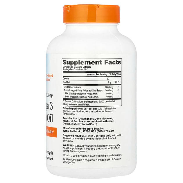Риб'ячий жир Doctor's s Best "Purified & Clear Omega 3 Fish Oil with Goldenomega" жирні кислоти омега 3, 1000 мг (120 гельових капсул) - зображення 2