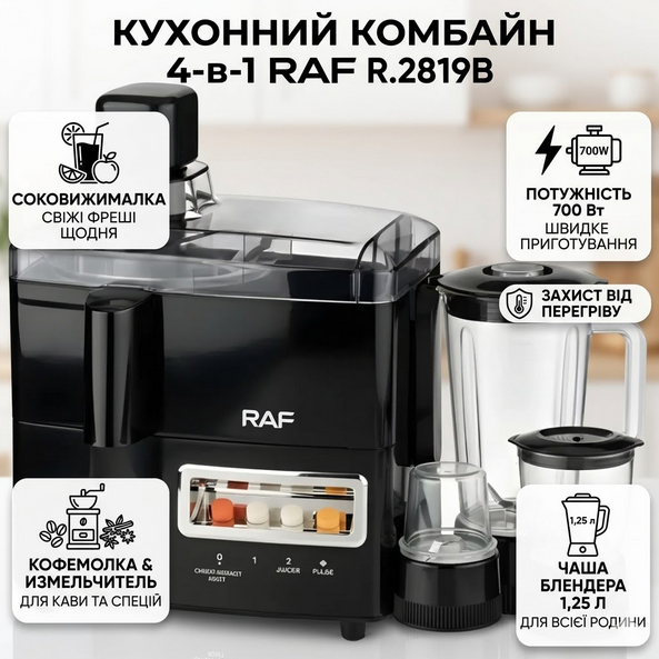 Электрическая соковыжималка 4в1 RAF 700 Вт с блендером измельчителем кофемолкой объем 1.25 л черная - изображение 2