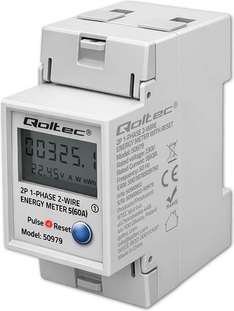 Miernik zużycia energii elektrycznej Qoltec jednofazowy z resetem 400 V 100 A LED na szynę DIN (5901878509792) - obraz 3