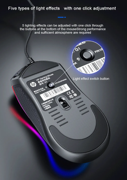 Ігрова миша HP G1 дротова USB, з RGB підсвічуванням, 4200DPI, матовий чорний - зображення 5