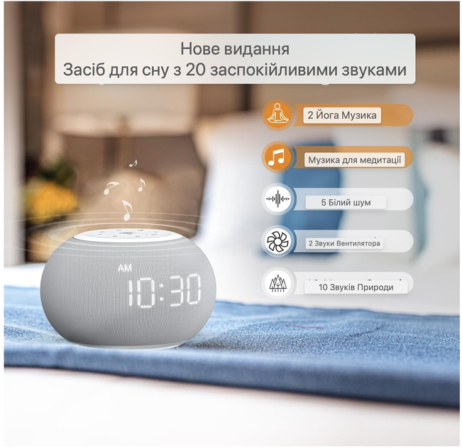 Будильник Reacher з білим шумом Sound Machine нічник дитячий 20 звуків LED дисплей таймер сну для дітей і дорослих радіо - зображення 8