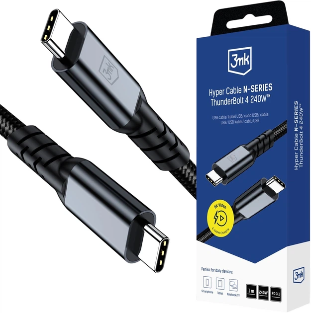 Кабель 3MK Hyper N-SERIES Thunderbolt 4 - Thunderbolt 4 240W 1 m Black (5903108682008) - Фото 1 Кабель 3MK Hyper N-SERIES Thunderbolt 4 - Thunderbolt 4 240W 1 m Black (5903108682008) - зображення 1