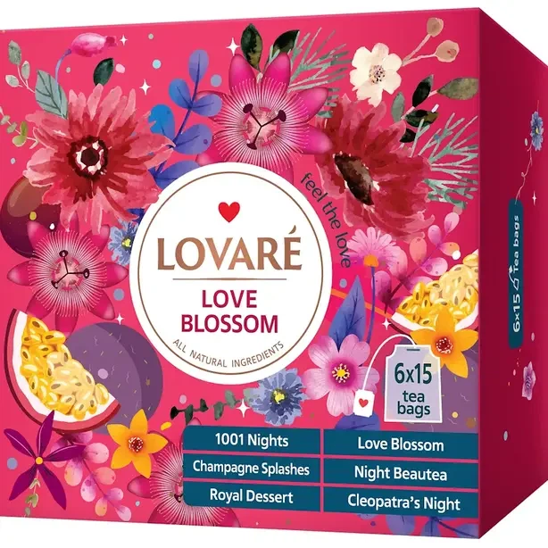 Чай в пакетиках Lovare Love Blossom асорті 90 шт. х 2 г 6 смаків х 15 шт (784929) - Фото 1 Чай в пакетиках Lovare Love Blossom асорті 90 шт. х 2 г 6 смаків х 15 шт (784929) - изображение 1