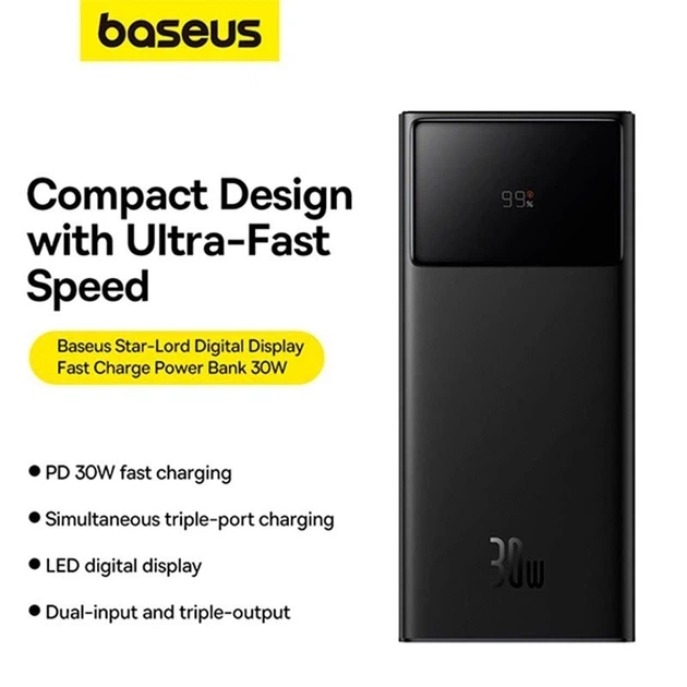 Павербанк Baseus Star-Lord Digital Display 30000mAh 22.5W з технологією QC3.0+PD3.0 2USB+Type-C + Кабель USB to Type-C (PPXJ080101) Black - изображение 12