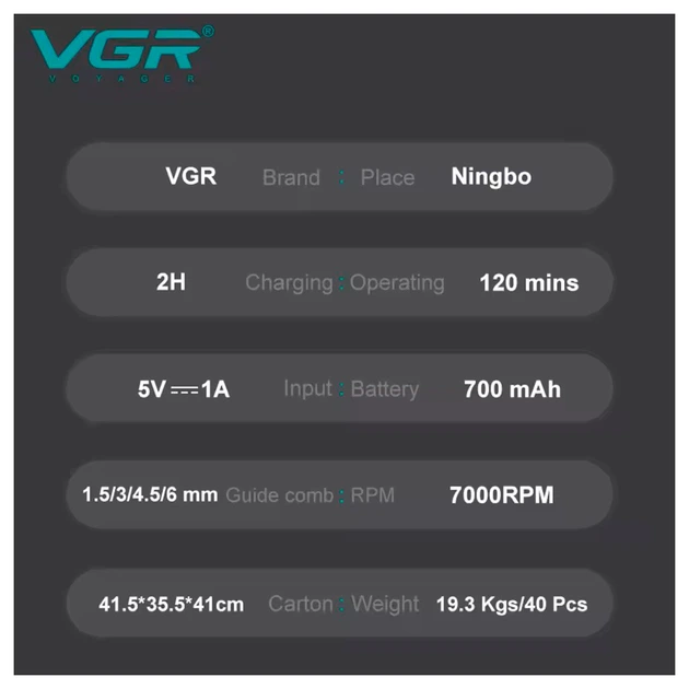 Аккумуляторный триммер для стрижки VGR V-900 с 4 насадками USB - изображение 6