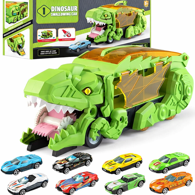 Автовоз трейлер динозавр трансформер Dino T-Rex 3в1 8 машинок зеленый - Фото 1 Автовоз трейлер динозавр трансформер Dino T-Rex 3в1 8 машинок зеленый - изображение 1