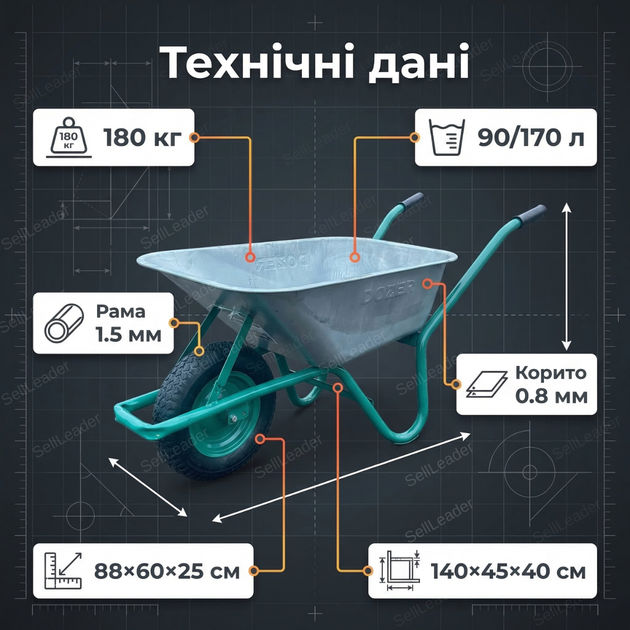 Тачка будівельна Dozer 90/170л одноколісна корито для будови дачі сипучих матеріалів до 180кг оцинкована - зображення 3
