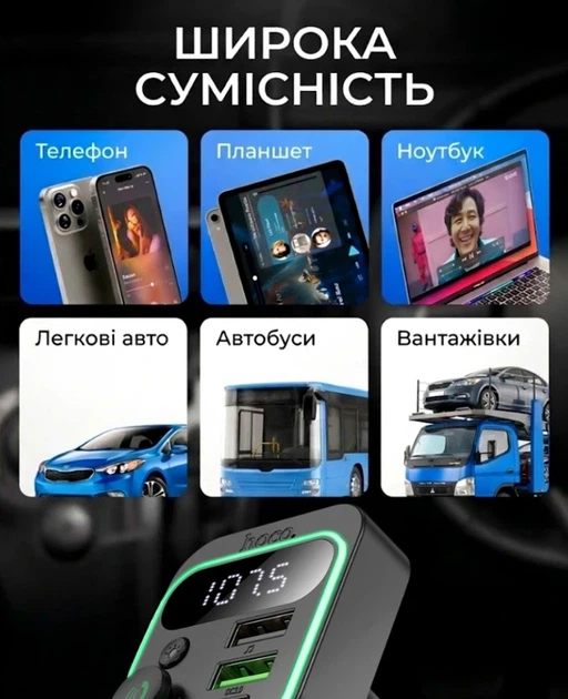 FM-трансмиттер Hoco E85 Tiger 20 Вт 3 порта USB Type-C и Type-A черный для автомобиля с функцией Bluetooth и зарядки - изображение 7