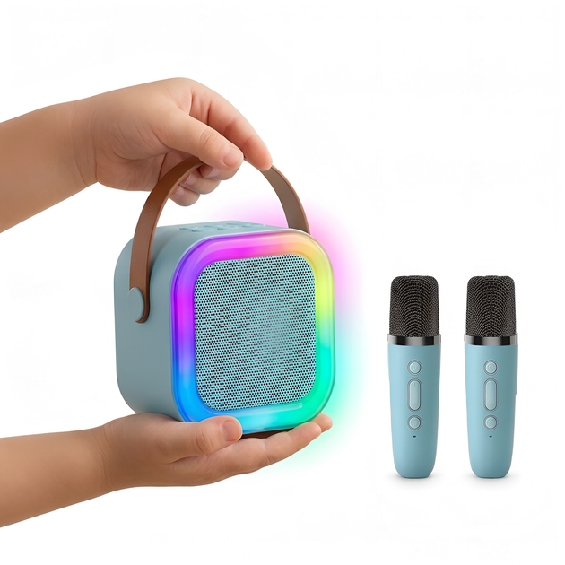 Караоке колонка K12 детская с 2 беспроводными микрофонами RGB подсветка Bluetooth подарок девочке голубая - изображение 5