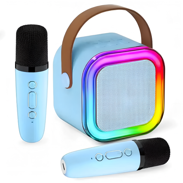 Караоке колонка K12 детская с 2 беспроводными микрофонами RGB подсветка Bluetooth подарок девочке голубая - изображение 3