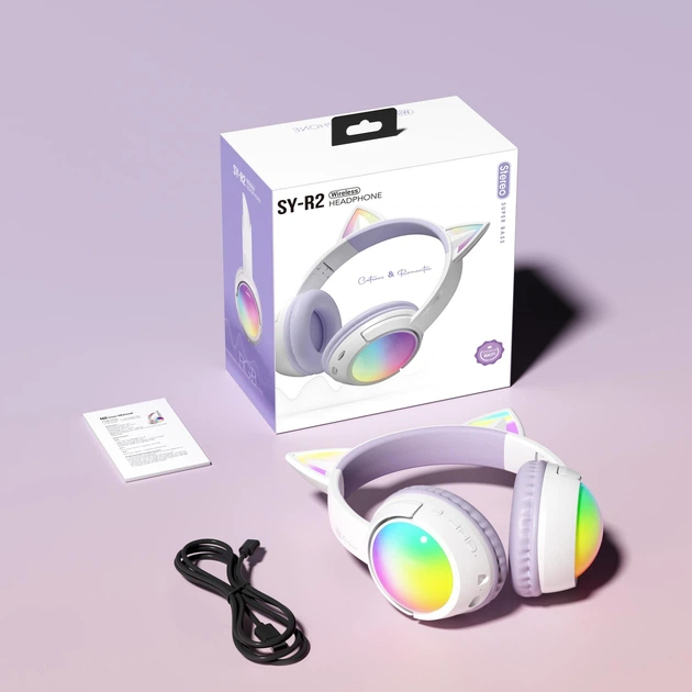 Беспроводные наушники с кошачьими ушками CATEAR SY-R2, RGB-подсветка, Bluetooth 5.4, микрофон, AUX / microSD, Фиолетовые - Фото 7 Беспроводные наушники с кошачьими ушками CATEAR SY-R2, RGB-подсветка, Bluetooth 5.4, микрофон, AUX / microSD, Фиолетовые - изображение 7